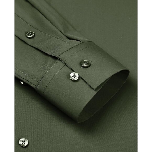 Men Grass Green Long Sleeve Slim Muscle Fit Wrinkle Free Button Down Dress Shirt - Picture 4 of 9